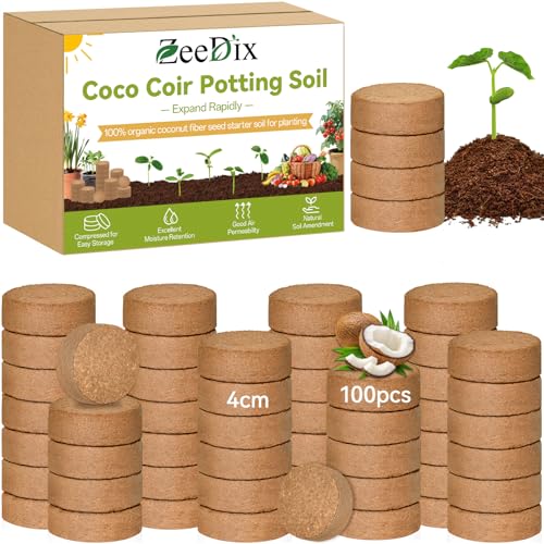 ZeeDix 100 Pack 40mm Organic Coco Coir Seed Starter Pellets, Compressed Coconut Fiber Seed Starter Soil Discs Potting Soil Mix for Indoor Outdoor Plants, Herbs Houseplants Bonsai Vegetables Flowers - color: 100 Pack, size: 40mm