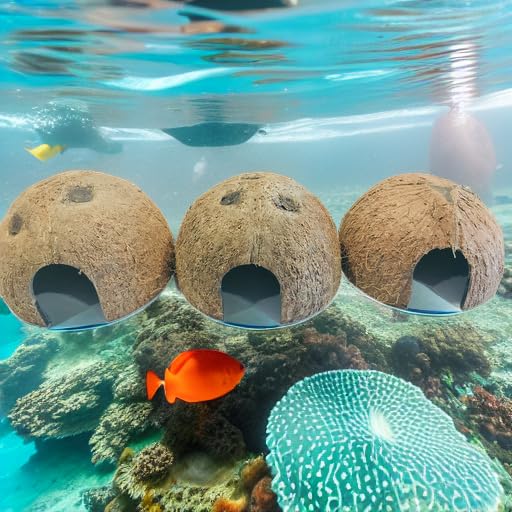 Durable 3 pc Coconut Hide, Natural Home for Guppies, Tetras, Betta Fish, Shrimp, Pleco, Perfect for Your Aquarium, Perfect Hideout for Spiders, Toad, Lizard and Small Crabs, 3 Half Shells (Small)