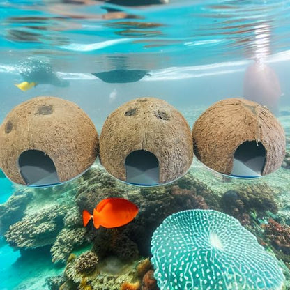 Durable 3 pc Coconut Hide, Natural Home for Guppies, Tetras, Betta Fish, Shrimp, Pleco, Perfect for Your Aquarium, Perfect Hideout for Spiders, Toad, Lizard and Small Crabs, 3 Half Shells (Small)