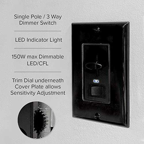 Maxxima Dimmer Light Switch, Black, Blue Indicator Light 3-Way/Single Pole | LED Compatible, 600 Watt Max, Wall Plate Included, Dimmable Lamp and Lighting Control - color: Black, size: Single Pack