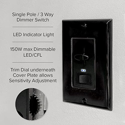 Maxxima Dimmer Light Switch, Black, Blue Indicator Light 3-Way/Single Pole | LED Compatible, 600 Watt Max, Wall Plate Included, Dimmable Lamp and Lighting Control - color: Black, size: Single Pack