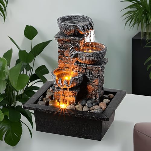 Kalona Tabletop Waterfall Fountain 3 Bowls with LED Light, Soothing Water Flow Sound, Zen Meditation Decor for Home and Office, Relaxation Water Fountains Indoor (23113) - color: 3 Bowls