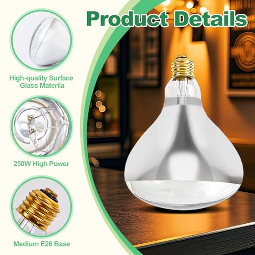 3 Pack Heat Lamp Bulb Replacements for Food Heat Lamp, 250W Heat Lamp Light Bulbs Infrared Heat Bulb, 120v Heating Lightbulbs with E26 Base (3)