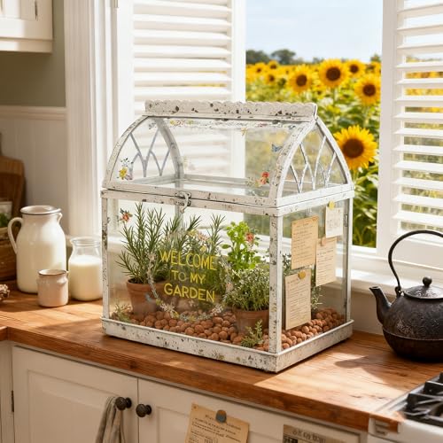 Large House Shape Glass Terrarium with Acrylic Lid, White Geometric Greenhouse - Style Planter for Ferns, Succulents, Air Plants, Handmade Indoor Tabletop Decor (Terrarium Only) - color: White