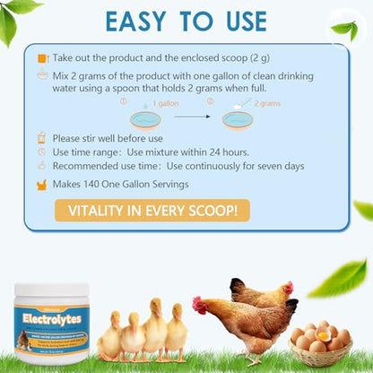 Chicken Electrolytes for Water, Electrolyte & Vitamin Supplement for Poultry, Chicks, Ducks, Turkeys, Support Hydration, Stress Recovery, Immunity, Backyard Chicken Essential, 10oz Makes 140 Gallons