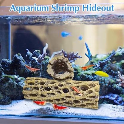 kathson Resin Cholla Wood Aquarium Shrimp Hideout Fake Fish Tank Hollow Log Hideawy Reptile Climbing Corner Branch Hermit Crab Terrarium Ornament Decoration (3 Packs)