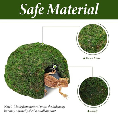 Reptile Moss Hideout, Half Round Cave for Lizards Snakes Frogs | Reptile Moss Hideout, Half-round dome shape, Full moss exterior coverage, Spacious interior room, Stable on all substrates