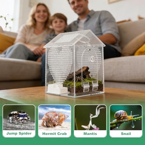 BestYiJo Jumping Spider Enclosure, 6 * 5 * 8" Lengthen Seamless Acrylic Terrarium with Feeder and Waterer – Ideal for Jumping Spiders, Praying Mantis, Scorpions, Hermit Crabs & Micro Reptiles