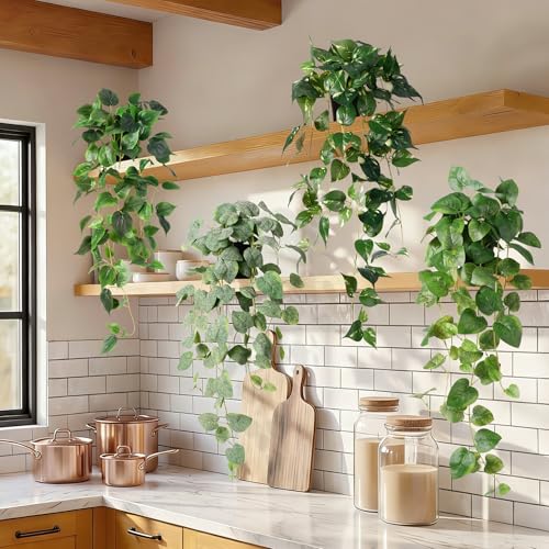 Fake Hanging Plants with Pots, 4PC Artificial Pothos Plant for Indoor Outdoor, Faux Ivy Vines Greenery, 33" Realistic Silk Plants for Wall Home Living Room Office Decor, Green - color: Pothos Set 4