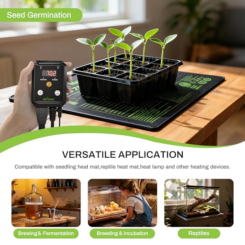 BN-LINK Digital Heat Mat Thermostat Controller and Daisy Chainable Warm Hydroponic Heating Pad for Seed Germination, Reptiles and Brewing Breeding Incubation Greenhouse