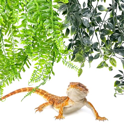 Hamiledyi 5 Pcs Reptile Plants Terrarium Hanging Fake Plant Leaves and Reptile Hide Box Gecko Hideout Cave with Sink Humidifier for Ball Python Bearded Dragon Chameleon Lizard
