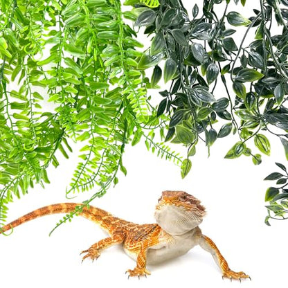 Hamiledyi 5 Pcs Reptile Plants Terrarium Hanging Fake Plant Leaves and Reptile Hide Box Gecko Hideout Cave with Sink Humidifier for Ball Python Bearded Dragon Chameleon Lizard
