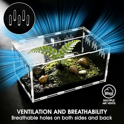 Acrylic Reptile Terrarium, Tarantula Enclosure with Magnetic Door, Easy-Clean Reptile Tank for Spider, Insect, Gecko, Mantis, Frog, Snail, Isopods- 11.4" X 7.8" X 5.9"(Tweezer and Bowl Included)