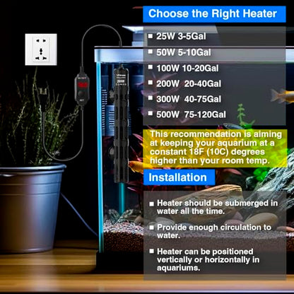 Aquarium Heater 200W, Submersible Fish Tank Heater with LED Digital Display, Auto Power-Off When Leaving Water & High Temp Protection, for Fresh and Salt Water Tanks 20-40 Gal - size: For Tanks 20-40 Gal