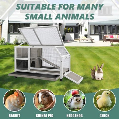 Gowoodhut Indoor Rabbit Hutch - 36''L Outdoor Wooden Bunny Hutch with Wheels Rabbit Cage Guinea Pig Cages Removable Pull Out Tray, Ramp, Hideout, Small Animals Pet House Hamster Ferret for Bunny Cage - size: 36.0"L x 21.0"W x 21.7"H