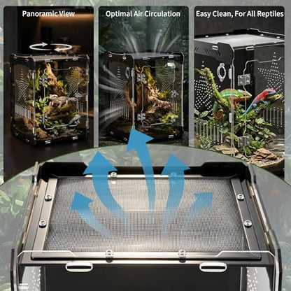 10"x10"x14" Acrylic Reptile Enclosure for Crested Gecko, 6 Gallon Escape-Proof Easy Assembly Large Floor Space, Front Opening Lizard Habitat for Leopard Gecko, Snake, Frog, Small Invertebrates