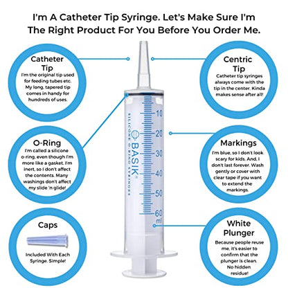 BASIK 60ml Enteral Feeding Syringe Cath Tip 60cc Silicone O-ring Tube Feeding With Caps Craft and Garden Syringe Pet Feeding 5/pack