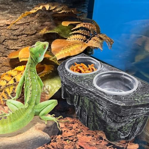 kathson Magnetic Reptile Feeder Ledge,Double Bowl Magnetic Lizard Food and Water Dish Crested Gecko Feeding Bowls with Suction Cup Reptile Food Bowl Accessories for Chameleon Spider