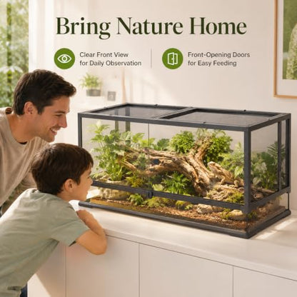 Erinnyees 50 Gallon Reptile Terrarium, Tempered Glass Reptile Enclosure with Raised Waterproof Base, Front Opening Doors, Top Screen Ventilation, Cable Outlet for Snake, Lizard, Gecko, Frog, Turtle - size: 50 Gallon