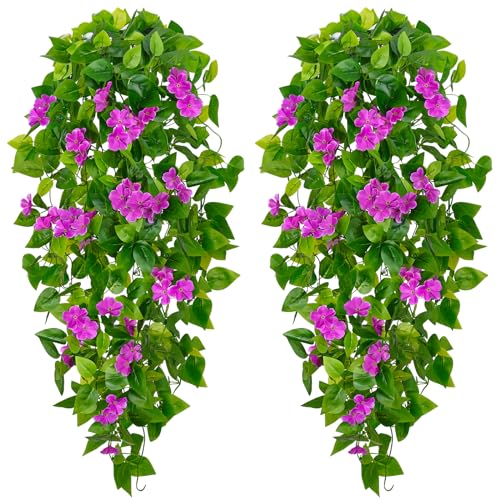 BLEUM CADE Artificial Hanging Flowers for Outdoors, 2pcs Fake Hanging Plants Pothos Vines with Purple Flowers for Wall Home Living Room Indoor Outdoor Decor (No Baskets) - color: Vines With Flowers - Purple, size: 2pcs