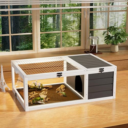 Outdoor Tortoise Enclosure, 39'' Tortoise Habitat with 2 Tray, Box Turtle Cage Indoor for Small Animals Lizards, Wood