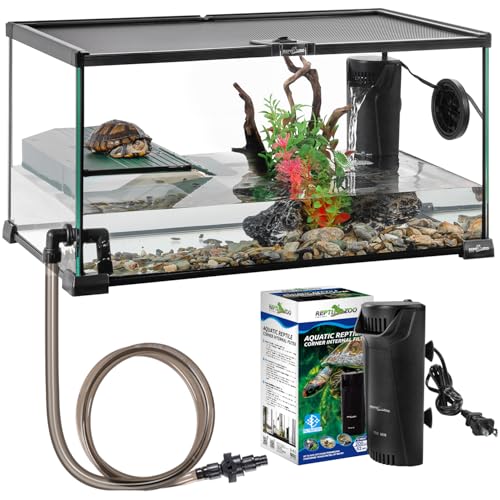 REPTIZOO Glass Turtle Tank Kit, 10 Gallon Turtle Tank Starter Kit with Drainage System, Basking Platform and Quiet Aquarium Corner Internal Filter, 20" x 12" x 10" Aquatic Terrarium - size: 20x12x10 inch