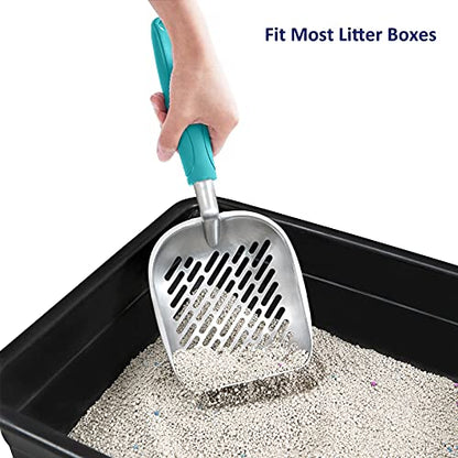 WePet Cat Litter Scoop, Aluminum Alloy Sifter, Kitty Metal Scooper, Deep Shovel with Diagonal Sifting Hole, Long Handle, Kitten Poop Lifter for Litter Box, Large Size, Turkish Blue Handle - color: #02 Turkish Blue, size: Large