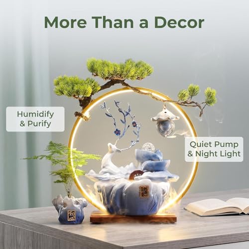 Tabletop Water Fountain, 17.3”Tall Deer Statue Waterfall Fountain with Incense Holder, LED Light & Adjustable Pump, Zen Relaxation Desk Fountains for Office,Living Room or Bedroom