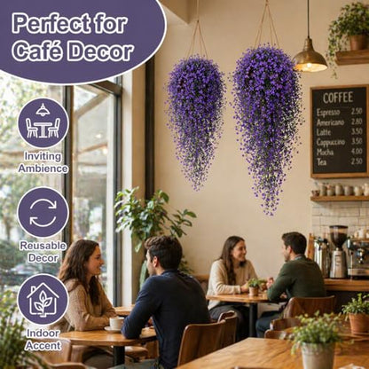RAINFLOW 2PCS Artificial Hanging Plants Indoor - Vivid Fake Vines with Mini Purple Flowers, Fake Hanging Flowers Ivy Vine for Shelf Wall Living Room Home Garden Patio Balcony Yard Outdoor Decor