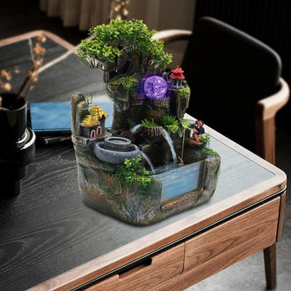 110V 3.5W Tabletop Water Fountain, Indoor Rockery Stream Desktop Fountain Waterfall with Atomizer & Auto Pump, Led Illuminated Waterfall, Zen Décoration for Meditation for Good Luck & Wealth