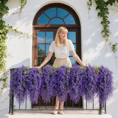 RAINFLOW 2PCS Artificial Hanging Plants Indoor - Vivid Fake Vines with Mini Purple Flowers, Fake Hanging Flowers Ivy Vine for Shelf Wall Living Room Home Garden Patio Balcony Yard Outdoor Decor