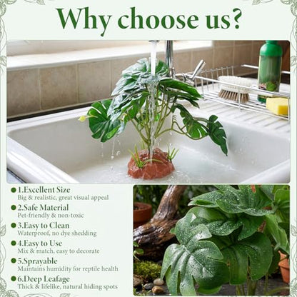 Suncalla 4 Pack Reptile Plants for Terrarium Decor, Snake Tank Accessories, Amphibian Habitat Decor, and Artificial Plants with Base for Bearded Dragon, Gecko, Lizard, Chameleon(Monstera Deliciosa) - style: Monstera Deliciosa