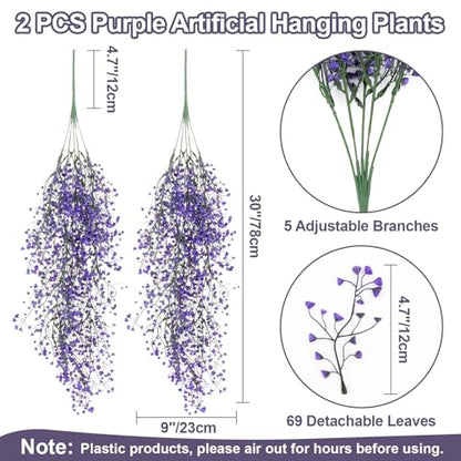 RAINFLOW 2PCS Artificial Hanging Plants Indoor - Vivid Fake Vines with Mini Purple Flowers, Fake Hanging Flowers Ivy Vine for Shelf Wall Living Room Home Garden Patio Balcony Yard Outdoor Decor