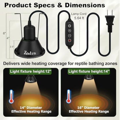 5-in-1 Reptile Heat Lamp Fixture Anti-Scald Guard 4.7 Inch Hanging Dome Light Fixture with Timer & 2 Pack 50W Halogen Basking Bulb for Bearded Dragon, Gecko, Turtle, Chameleon