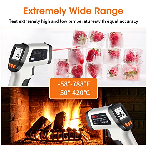 Infrared Thermometer, Laser Temperature Gun for Cooking, Non Contact Temp Gauge, Adjustable Emissivity IR Thermometer Heat Temperature Reader Gun -58 to 788℉, -50 to 420℃(Not for Human) - color: -58°F~788°F Gray