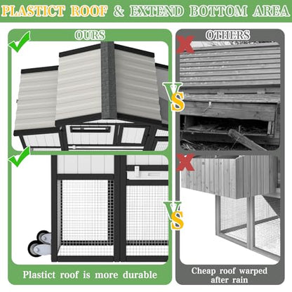 Chicken Coop and Run with Wheels, Portable Two Story Rabbit Hutch Indoor Outdoor, Wooden Hen House with Nesting Box, Ramp & Deep No Leak Pull Out Tray for Chick, Rabbit
