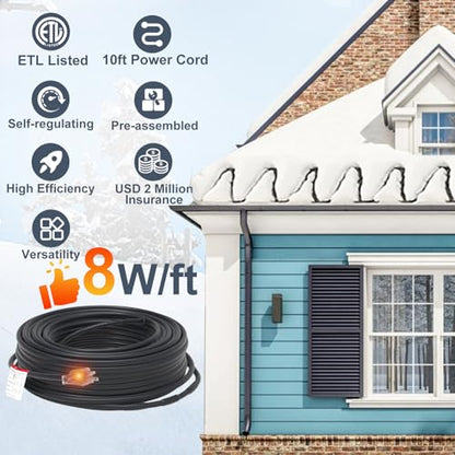 HEATIT 8JHSF1 Self Regulating Pre-Assembled Heating Cable with Spacer and Clips, Heat Tape for Roof Deicing and Pipe Freeze Protection,120V 8W/ft, 24FT - color: 8W/FT (KIT), style: 24FT