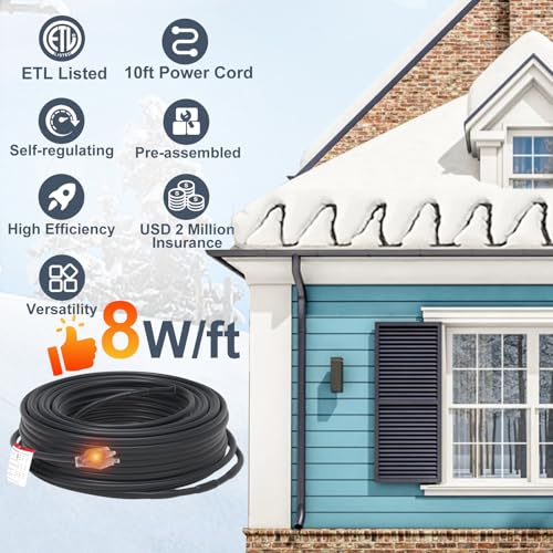 HEATIT 8JHSF1 Self Regulating Pre-Assembled Heating Cable with Spacer and Clips, Heat Tape for Roof Deicing and Pipe Freeze Protection,120V 8W/ft, 30FT - color: 8W/FT (KIT), style: 30FT