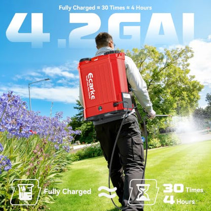 Ecarke Battery Backpack Sprayer Compatible with Milwaukee 18V (Tool Only) | 4.2 Gallon with Auto Mixer, 0–100PSI Adj, Leak-Proof Metal Telescopic Wand 42", 6 Nozzles, Ergonomic Strap Garden Sprayer - color: Red