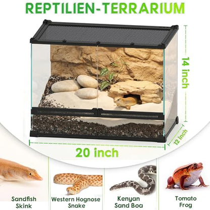 20"x12"x14" Reptile Terrarium, Double-Door Glass Terrestrial Vivarium for Small Desert Reptiles Such as Sandfish Skinks, with Lock, Cable Port & Waterproof Deep Base Below Front Doors