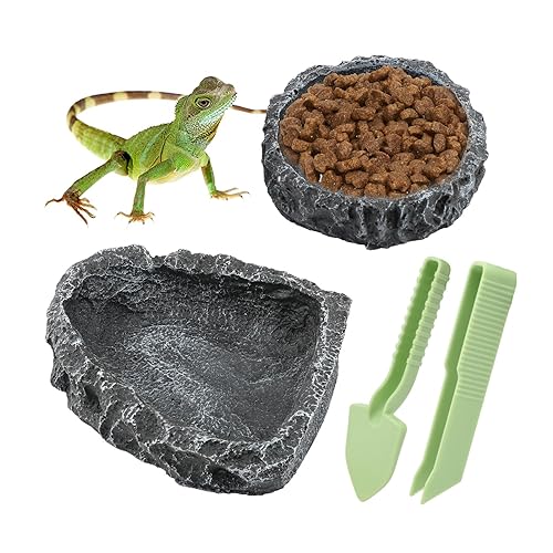 Reptile Water Dish Food Bowl for Bearded Dragon Tank Accessories, 2 Pack Reptile Feeding Dish Corner Bowl with Tweezers and Cleaning Shovel for Lizard Gecko Tortoise Hermit Crab (Black Grey)