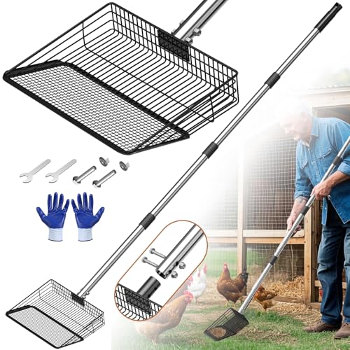 10" Width Metal Chicken Poop Scooper Heavy Duty Farm Sifting Shovel | Stainless Steel Long Handle (27.9 to 54.7") Poultry Litter Sifting Scooper for Chicken Coops Sheep Pens and Cat Litter Box