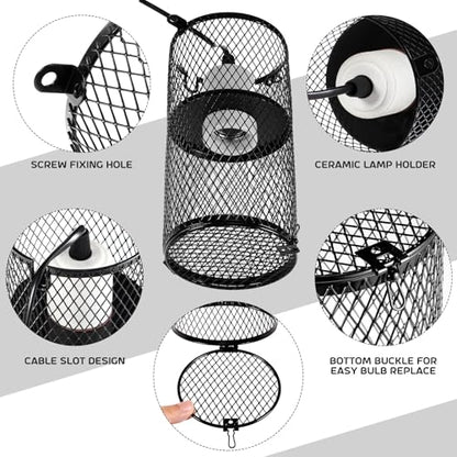 VIHOSE 2 Pcs Reptile Heat Lamp Guard with 150W Ceramic Heat Emitter Basking Anti Scald Heating Lamp Holder Mesh Cage Reptile Protection Lampshades for Lizard Snake Chick, Bulb Not Included - color: White