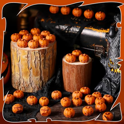 Arrowbash 100 Pcs Mini Halloween Pumpkin Skull Figurines Bulk Small Resin Skeleton Head Statues Decoration Miniature Realistic Fake Skeleton Figure for Halloween Party Favor Home Table Decor (Pumpkin) - style: Pumpkin