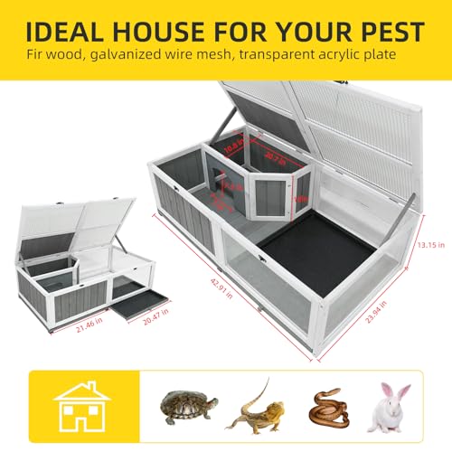 Tortoise Enclosure Outdoor Indoor Wooden Large Tortoises Habitat Box Turtle Habitat Tortoise House Bunny Rabbit Snake Hamster Reptile Terrarium Cage with Tray for Small Animals and Reptile, Grey