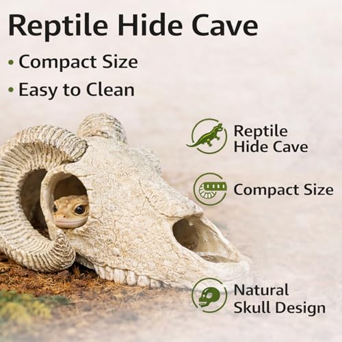 Reptile Hide Cave Decoration, Ram Skull Style Resin Shelter for Gecko, Lizard, Snake and Amphibian, Natural Habitat Decor for Small Reptiles