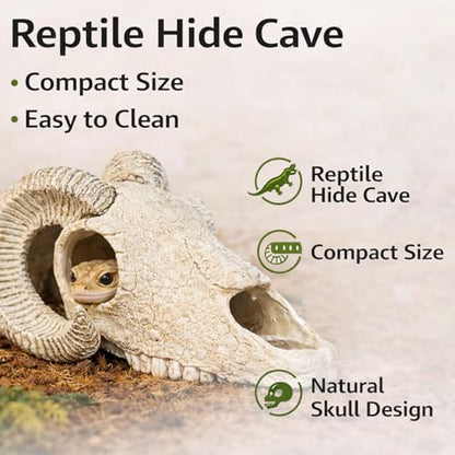 Reptile Hide Cave Decoration, Ram Skull Style Resin Shelter for Gecko, Lizard, Snake and Amphibian, Natural Habitat Decor for Small Reptiles