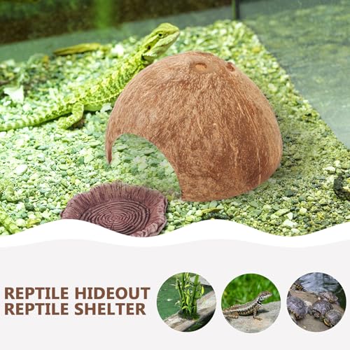 Veemoon Coconut Shell Reptile Hideout Natural Aquarium Shelter Small Lizard Turtle Hermit Crab Habitat Decor 4.72X4.72X2.55In