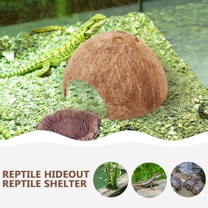 Veemoon Coconut Shell Reptile Hideout Natural Aquarium Shelter Small Lizard Turtle Hermit Crab Habitat Decor 4.72X4.72X2.55In