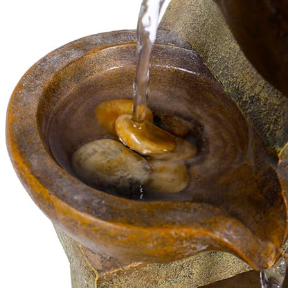 Alpine Corporation WCT726 | 16"H Indoor/Outdoor Tabletop Tiered Pouring Pots Waterfall Fountain — Natural Stone-Look Finish Adds Rustic Charm — Brown - style: 16"H - Brown 5-Tier Pouring Pots